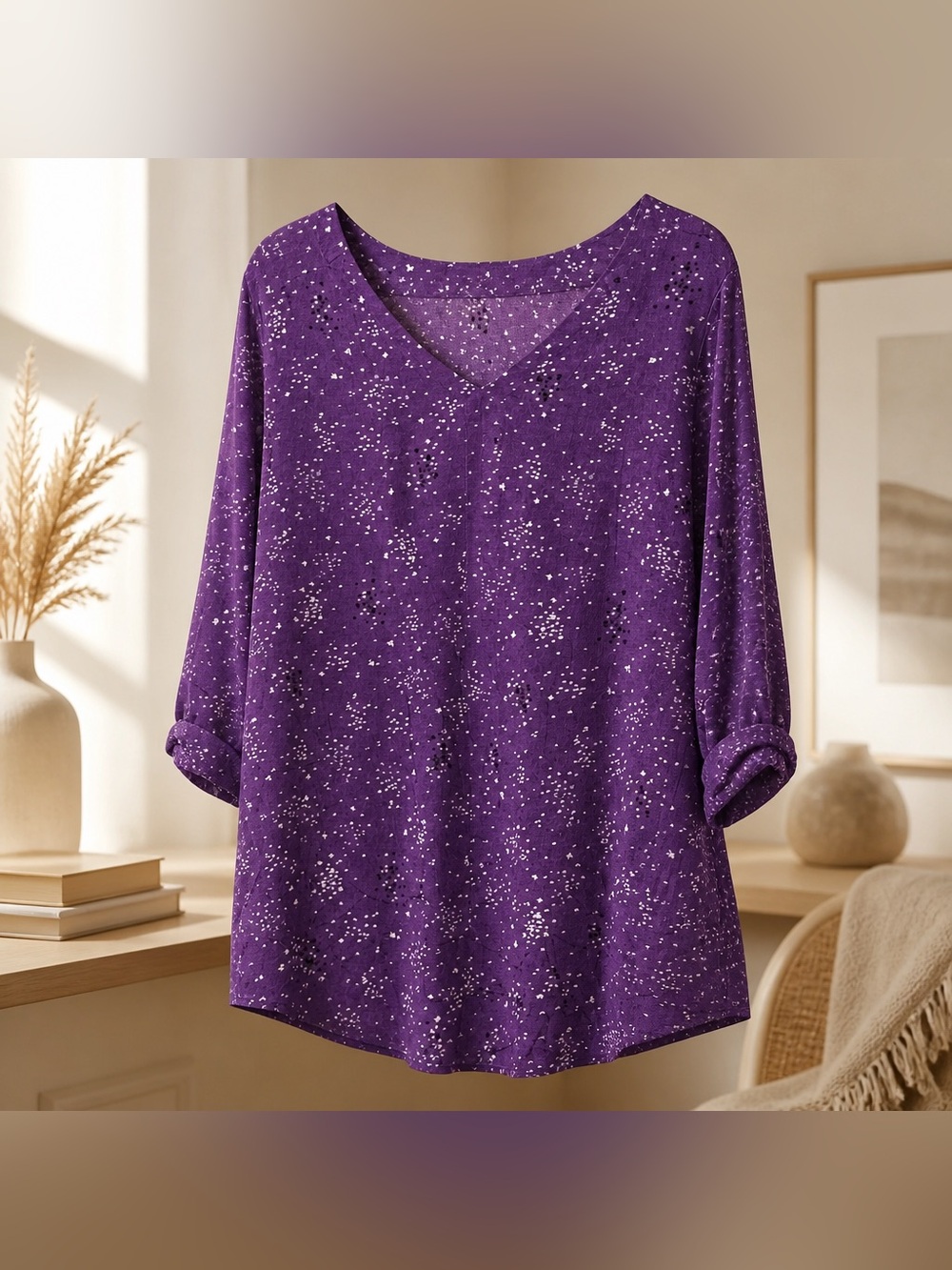 Croft & Barrow 1x purple Ditsy Print Starburst blouse 3/4 Sleeves Textured Look